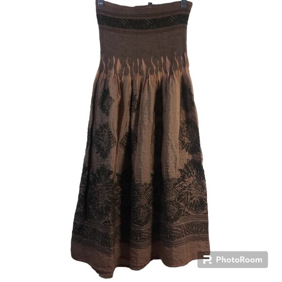 Lapis Smocked Sleeveless Brown Embroidered Dress Boho Festival Size OS - Picture 2 of 9